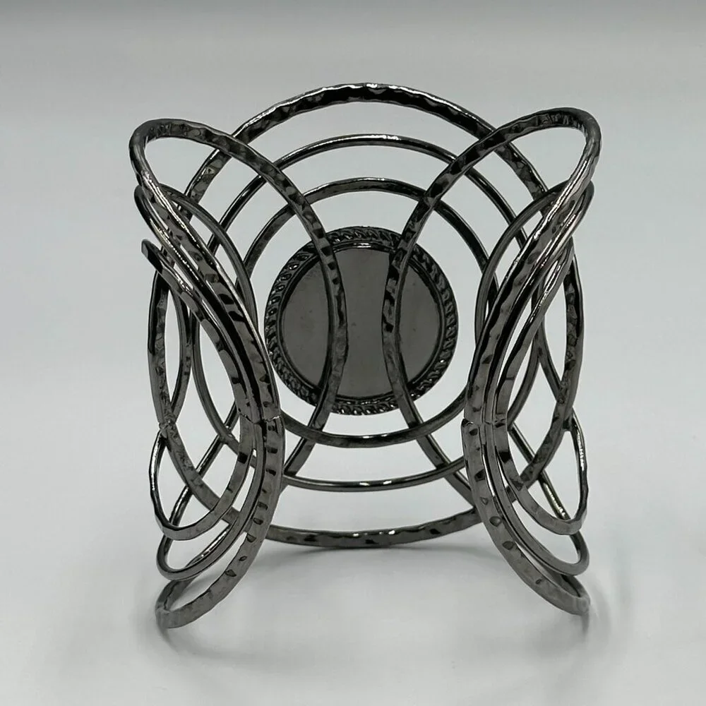 3/$30 Black Acrylic Cabochon Cuff Bracelet Hammered Wire Sculptural Statement
